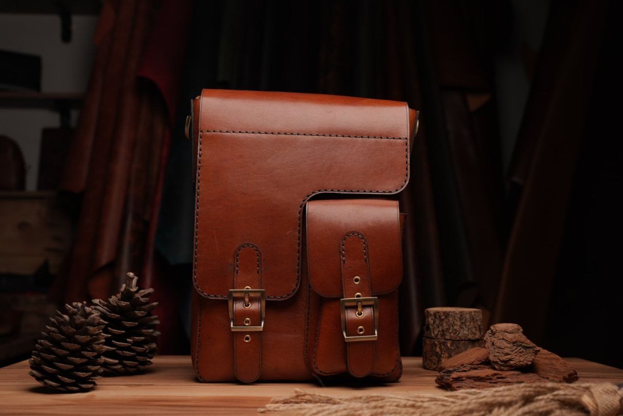 Brown leather product photography with crafted texture